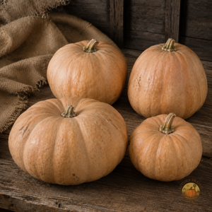 Upper Ground Sweet Potato squash grouped on a rustic table with burlap - open-pollinated heirloom pie squash
