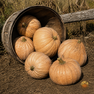 Upper Ground Sweet Potato squash spilling from a tipped harvest basket - Kentucky heirloom storage squash