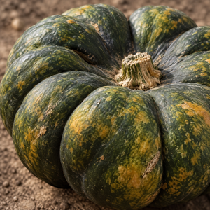 Yuxi Jiang Bing Gua squash - close-up of the mottled green and orange rind and stem - Chinese heirloom moschata
