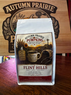 Flint Hills Coffee 12 oz whole bean bag on wood counter - Autumn Prairie Pumpkins