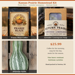 Homestead Kit - Prairie Blaze coffee, Lavender Lemongrass soap, Cushaw seeds