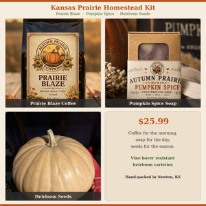 Homestead Kit - Prairie Blaze coffee, Pumpkin Spice soap, Long Island Cheese seeds