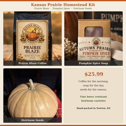 Homestead Kit - Prairie Blaze coffee, Pumpkin Spice soap, Long Island Cheese seeds