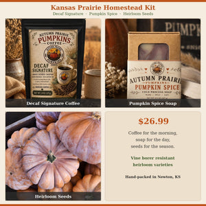 Homestead Kit - Decaf Signature coffee, Pumpkin Spice soap, Musquee de Provence pie pumpkin seeds