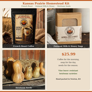 Homestead Kit - French Roast coffee, Oatmeal Milk & Honey soap, Cuban Neck seeds