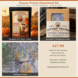 Homestead Kit - Pumpkin Pie Spice coffee, Lavender Lemongrass soap, Black Futsu seeds