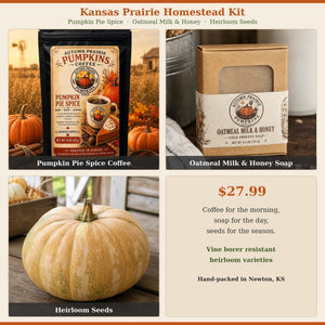 Homestead Kit - Pumpkin Pie Spice coffee, Oatmeal Milk & Honey soap, La Estrella seeds