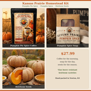 Homestead Kit - Pumpkin Pie Spice coffee, Pumpkin Spice soap, New England Cheddar pie pumpkin seeds
