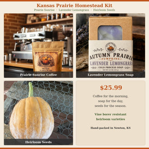 Homestead Kit - Prairie Sunrise coffee, Lavender Lemongrass soap, Autumn Frost seeds