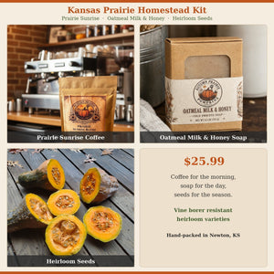 Homestead Kit - Prairie Sunrise coffee, Oatmeal Milk & Honey soap, Jamaican Tropical seeds