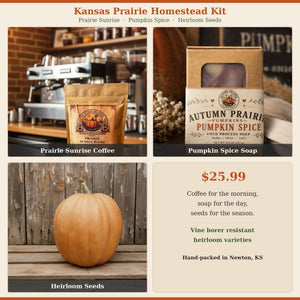 Homestead Kit - Prairie Sunrise coffee, Pumpkin Spice soap, Dickinson pie pumpkin seeds