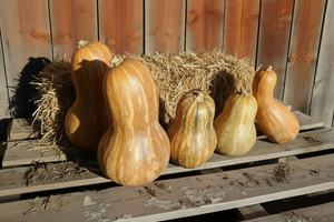 Cuban Neck crookneck pumpkin with curved stem and tan skin