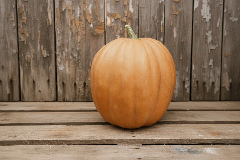 Dickinson pumpkin, whole tan-orange ribbed fruit standing against a weathered painted barn wall