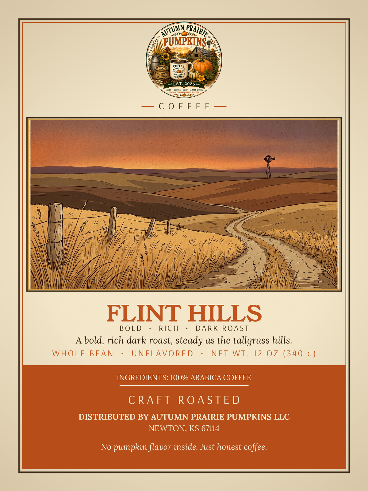 Flint Hills Coffee label - bold dark roast whole bean - 12 oz bag