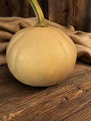 Close view of a Doran Round squash, smooth pale tan skin and short green stem - open-pollinated winter squash