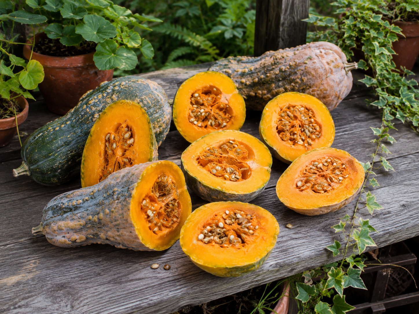 Jamaican Tropical pumpkins cut open in the garden showing seeds and orange flesh - vine borer resistant moschata