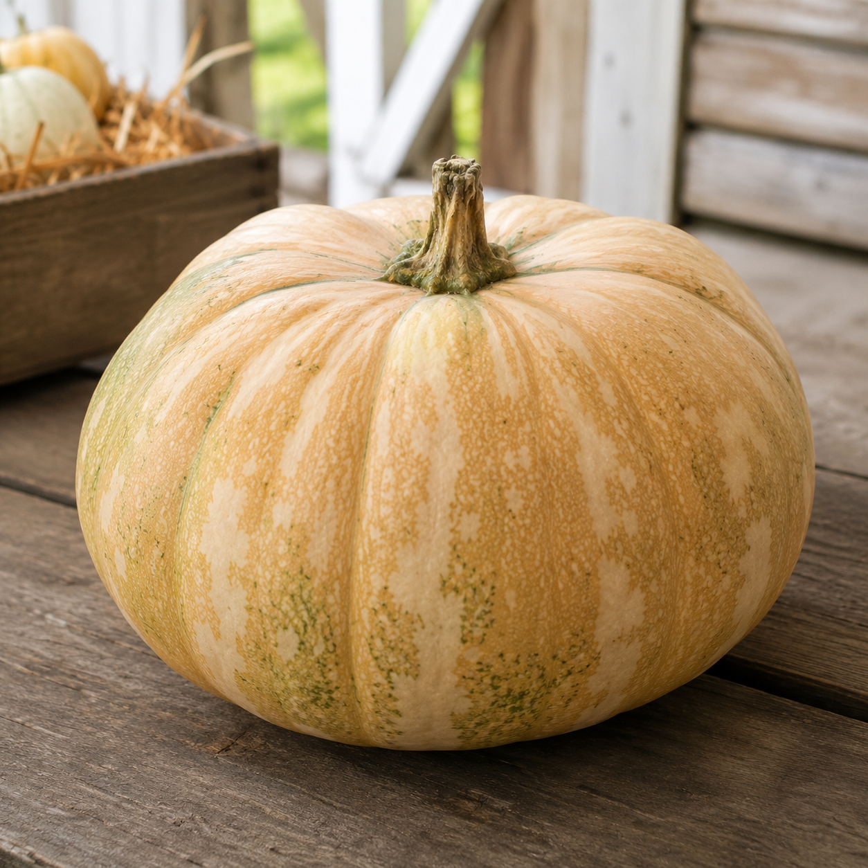 La Estrella F1 tropical pumpkin seeds - whole tan calabasa squash on rustic wood - vine borer resistant Cucurbita moschata