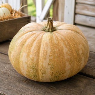 La Estrella F1 tropical pumpkin seeds - whole tan calabasa squash on rustic wood - vine borer resistant Cucurbita moschata