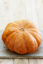 Whole Magdalena Big Cheese squash on weathered white boards, deeply ribbed with buff mottling