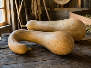 Two mature long-necked Tahitian Melon heirloom squash, giant Pacific Cucurbita moschata