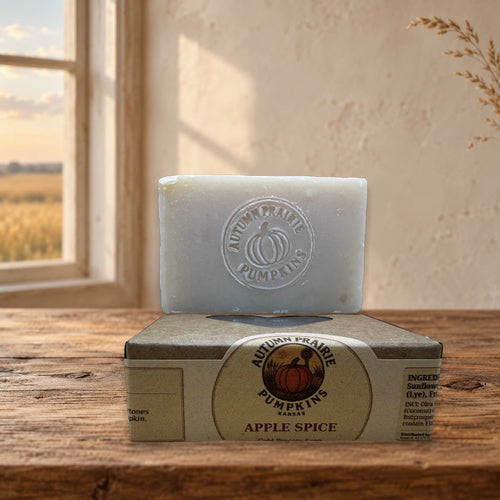 Apple Spice handmade cold process soap bar and kraft box on a warm Kansas prairie farmhouse table