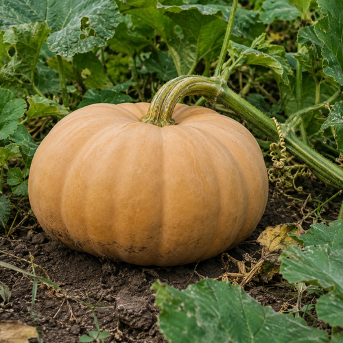 Autumn Buckskin F1 Pumpkin, growing among squash vines with natural soil on the rind