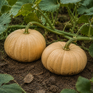 Autumn Buckskin Pumpkin, resting on garden soil beneath squash leaves