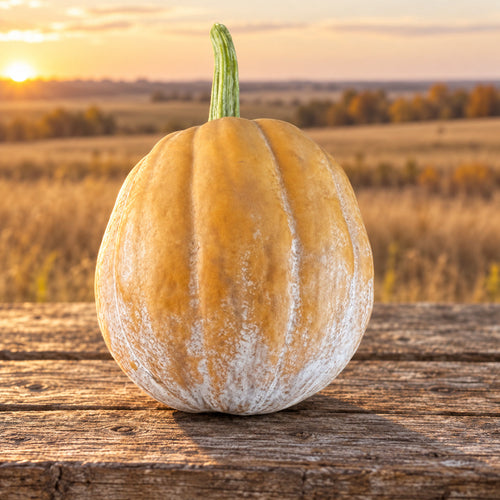 Autumn Frost F1 pumpkin with a frosted tan rind on a weathered Kansas prairie table