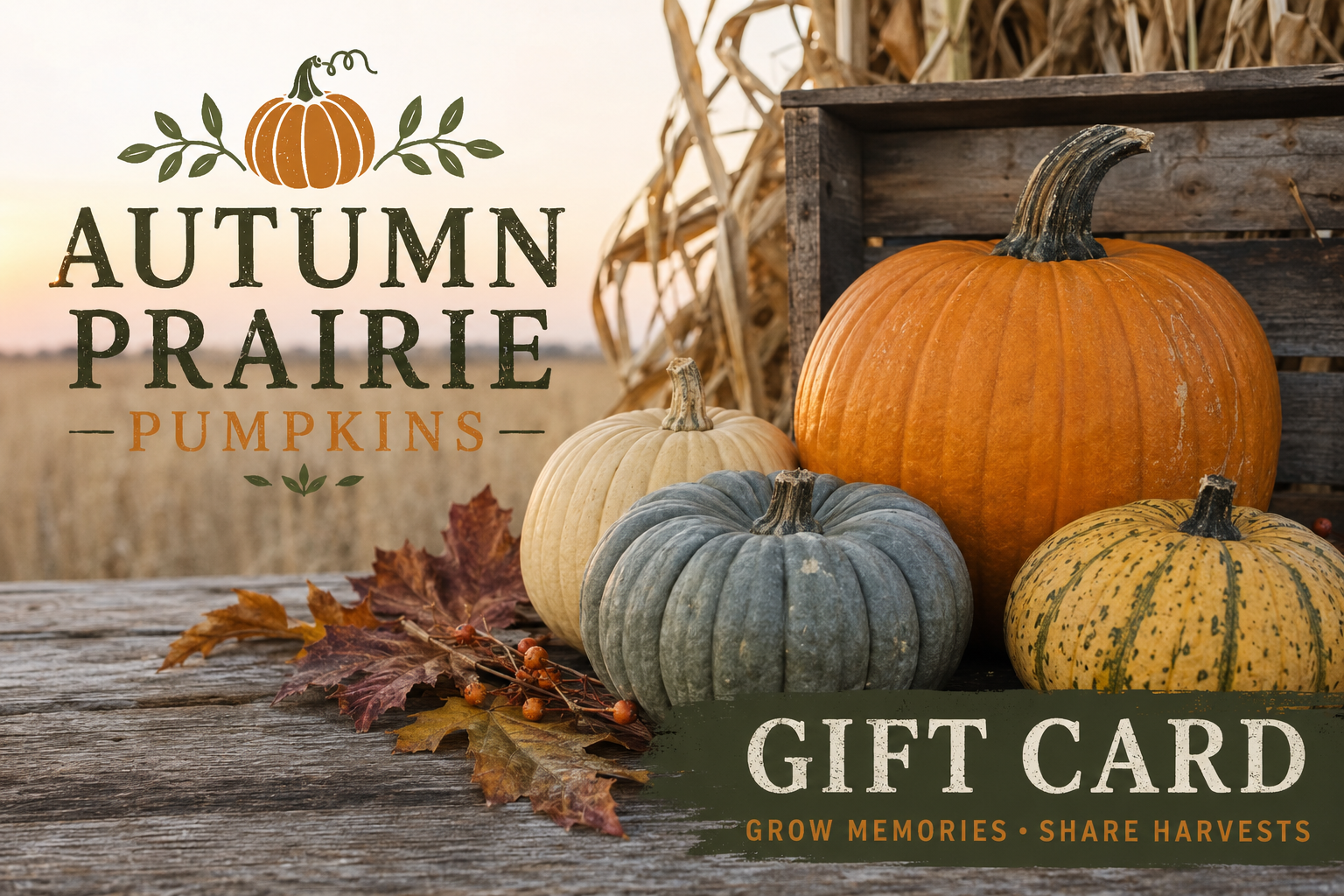 Autumn Prairie Pumpkins gift card - heirloom pumpkins on weathered wood - Kansas seed and coffee shop