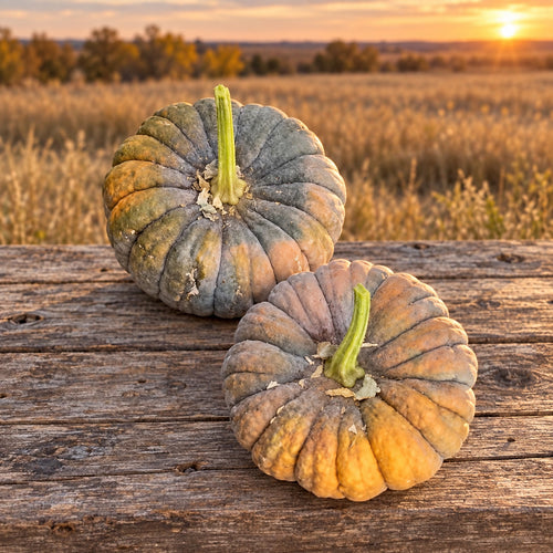 Two deeply ribbed Black Futsu squash on a weathered table at sunset on the Kansas prairie