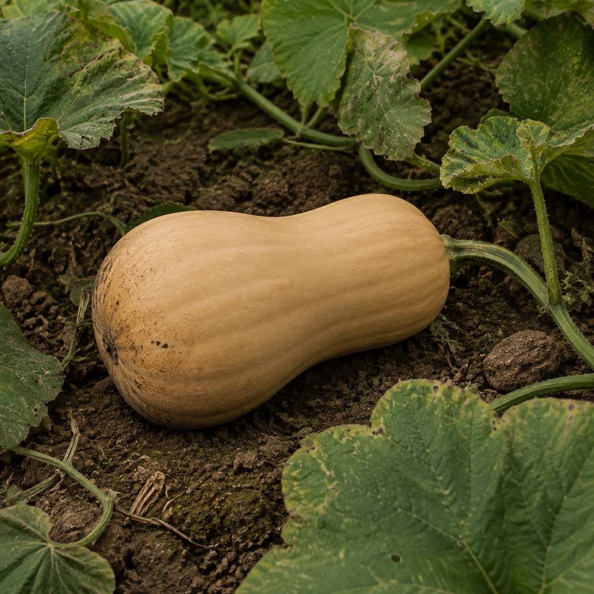 Block Party Butternut Squash, growing among squash vines with natural soil on the rind