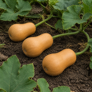 Block Party Butternut Squash, in a garden patch with lightly dirty rind and weathered foliage
