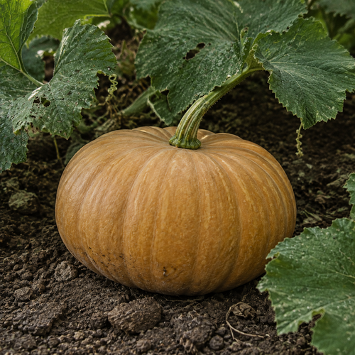 Butterkin Squash, growing among squash vines with natural soil on the rind