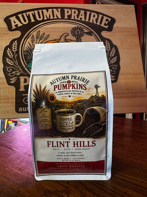 Flint Hills Coffee 12 oz bag - bold dark roast whole bean - Autumn Prairie Pumpkins
