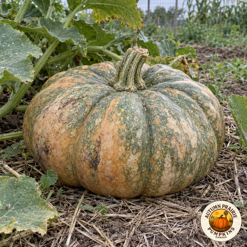Illustrative image of a ribbed Calabaza de Castilla squash growing on a vine