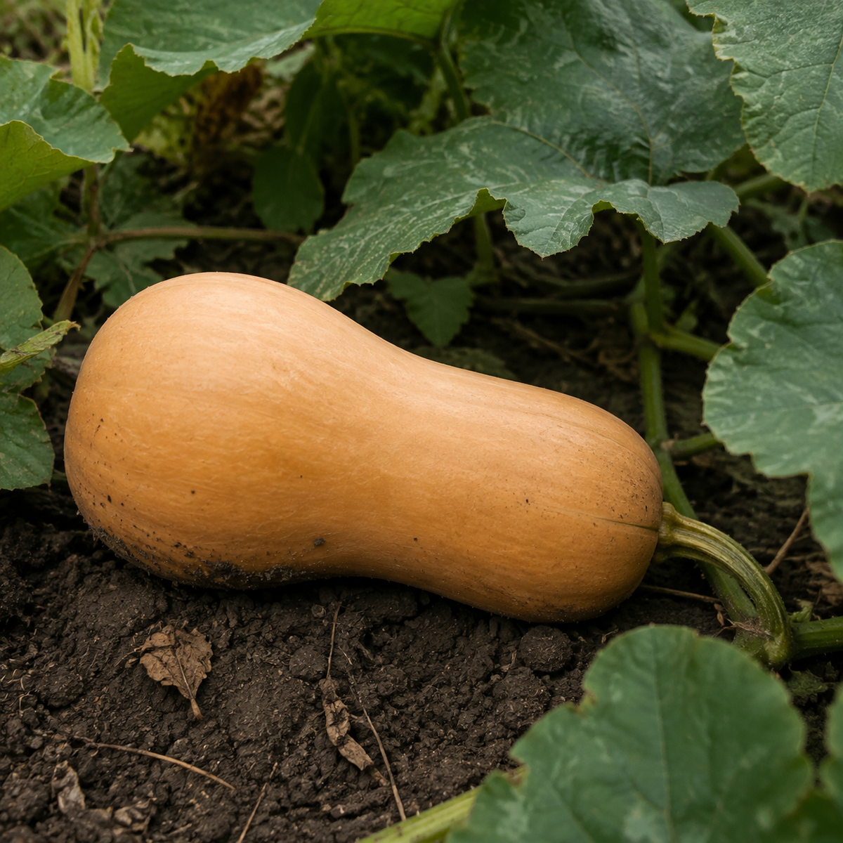 Chieftain Butternut Squash, growing among squash vines with natural soil on the rind
