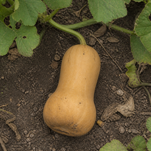 Chieftain Butternut Squash, viewed from above among vines and uneven garden soil