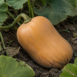 Chieftain Butternut Squash, close-up of the rind with light soil marks and natural surface texture