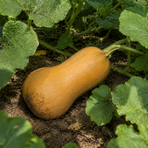 Chieftain Butternut Squash, nestled among patch vines and broad squash leaves