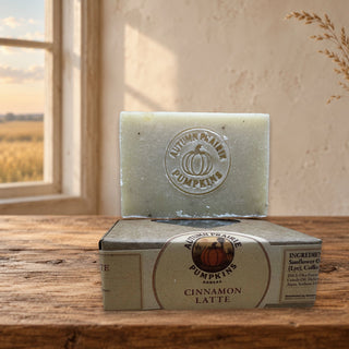 Cinnamon Latte handmade cold process soap bar and kraft box on a warm Kansas prairie farmhouse table
