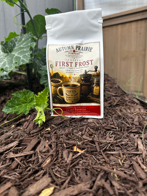 First Frost Coffee - espresso roast for pour-over - 12 oz bag on garden mulch