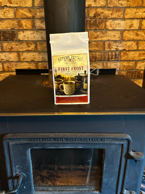 First Frost Coffee - crisp espresso roast whole bean - 12 oz bag by the wood stove