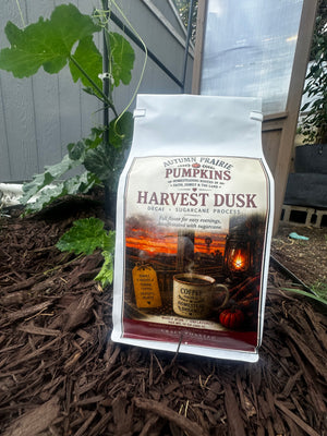 Harvest Dusk Decaf Coffee - sugarcane E.A. process decaf - 12 oz bag on garden mulch