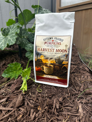 Harvest Moon Coffee - smooth medium roast ground - 12 oz bag in the garden