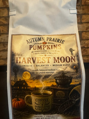Harvest Moon Coffee - medium roast drip grind - 12 oz bag by the wood stove