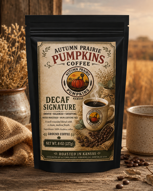 Autumn Prairie Pumpkins Decaf Signature coffee bag, 8 oz ground, water-processed, roasted in Kansas