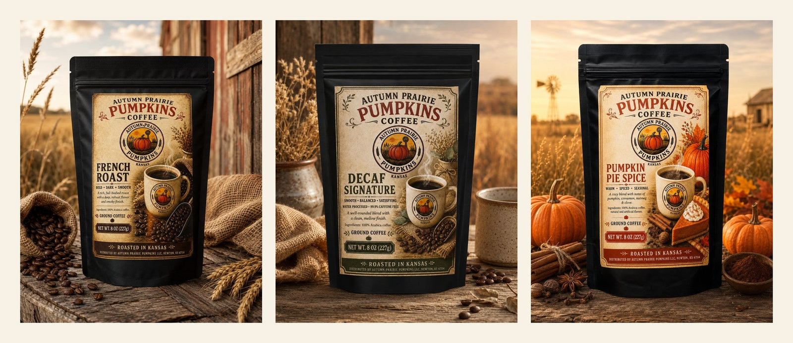Prairie Coffee Flight, three 8 oz bags of Autumn Prairie Pumpkins coffee, roasted in Kansas