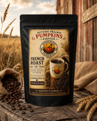 Autumn Prairie Pumpkins French Roast coffee bag, 8 oz ground, roasted in Kansas