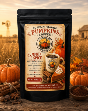 Autumn Prairie Pumpkins Pumpkin Pie Spice coffee bag, 8 oz ground, roasted in Kansas