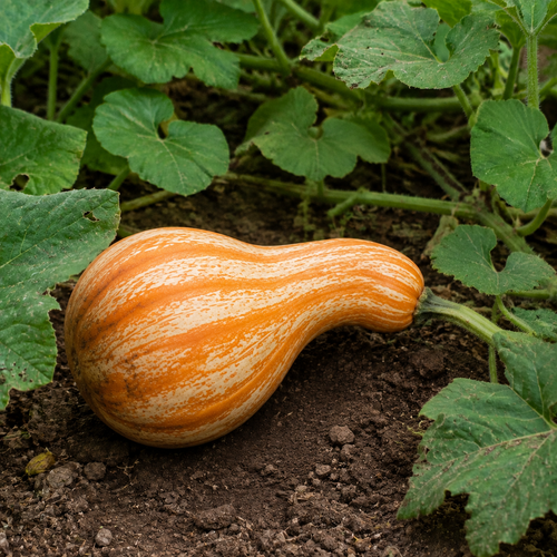 Cushaw Orange-Striped Pumpkin, growing among squash vines with natural soil on the rind